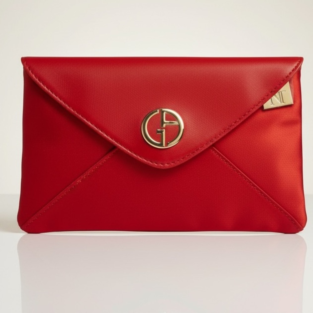 Giorgio Armani Red Satin Envelope Makeup Bag Clutch Gold Logo GA Pouch